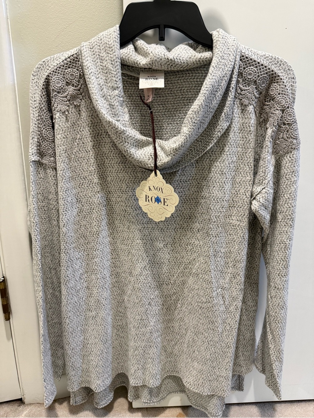 NWT Knox Rose Light Gray Cowl Neck Sweater with Lace Shoulder Detail